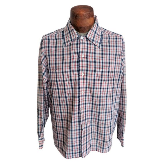 VTG JC PENNEY Men's Red, White, & Blue Plaid Button Front Shirt Size Large - Picture 1 of 10